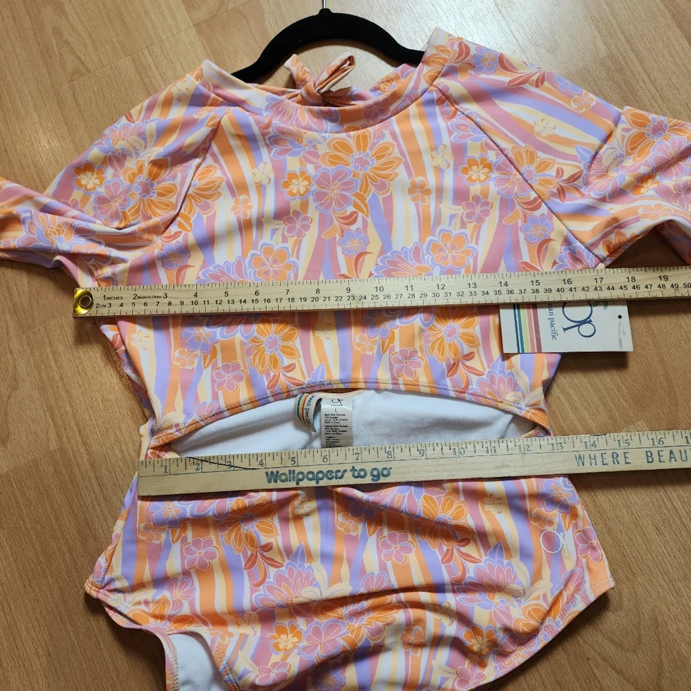 NWT OP Long Sleeve‎ One Piece Cutout Swimsuit Pink Orange Purple Floral Large